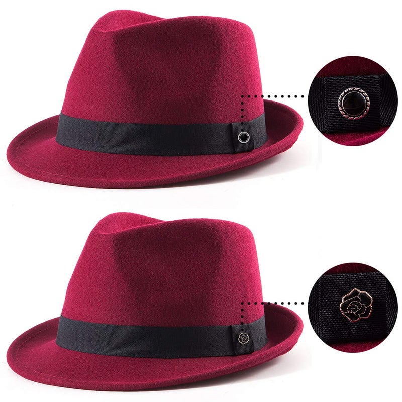 LADYBRO Wine Red Fedora Men Short Brim Hat for Ladies Classic Trilby 100% Wool, 7 1/4 - Image 2